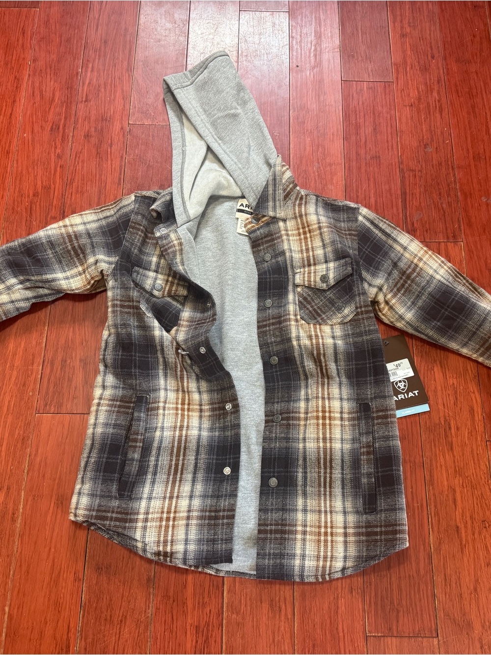 Ariat Kids Brown & Gray Plaid Hooded Button-Down Shirt-Jacket